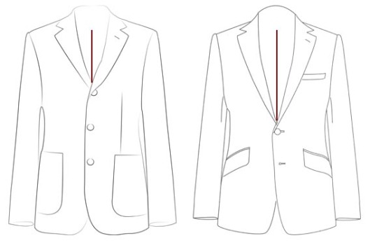 A comparison of two and three button suits - with red lines showing the effect on the apparent torso size. 